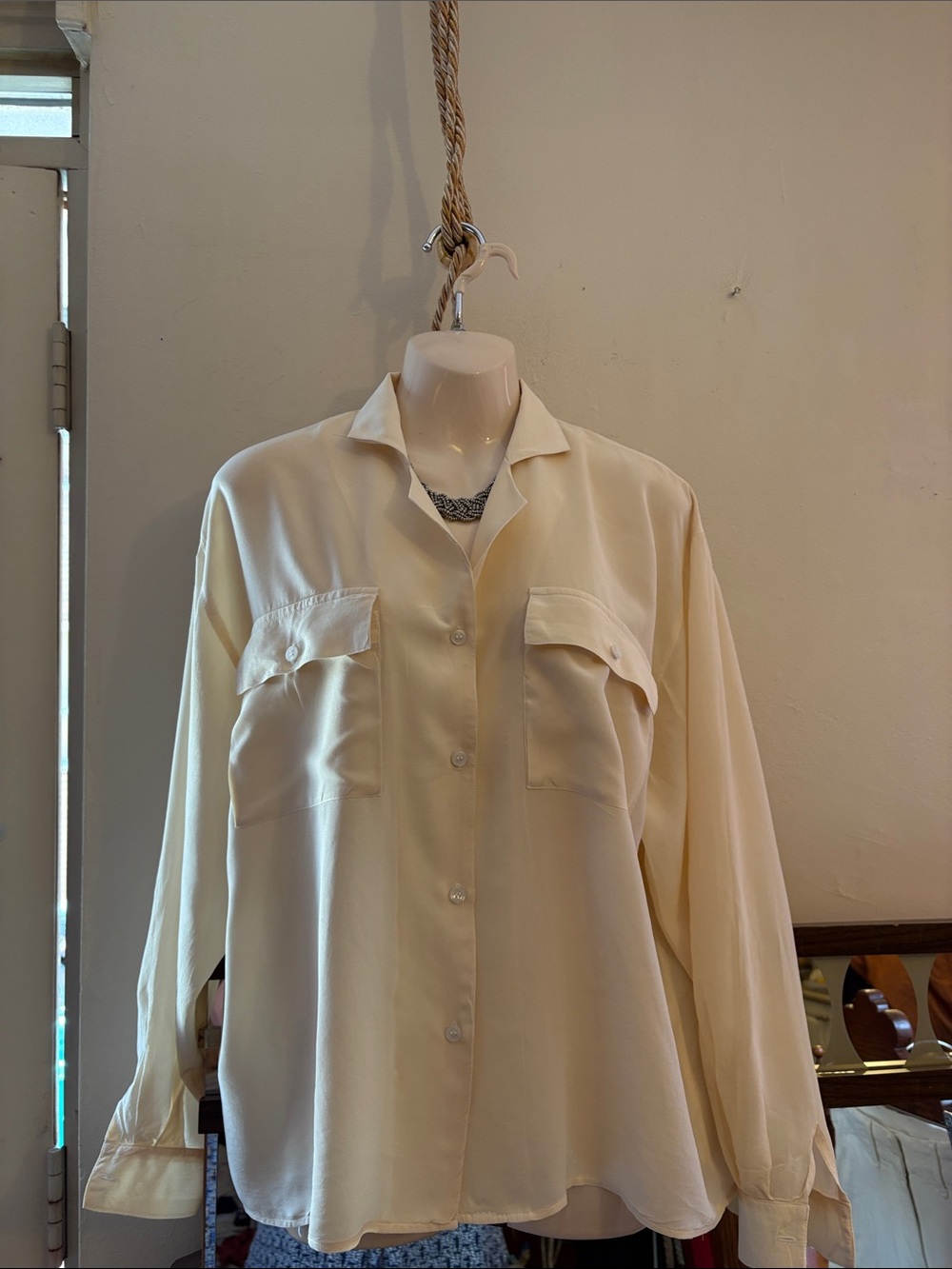 Women's Cream Button-Down Shirt with Chest Pockets. 100. Silk